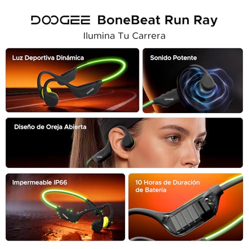 DOOGEEEco BoneBeatRunRay Auriculares Conduccion Auriculares Deportivos Inalámbricos Open-Ear con Luz LED Seguridad Auriculares Impermeables IP66 10h Autonomía Carga Rápida para Correr Gimnasio-Negro