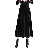 ebossy Womens Vintage Elastic High Waist Pleated Velvet Skirt Winter Warm Thicken Flowy Swing A-line Mid Skirt