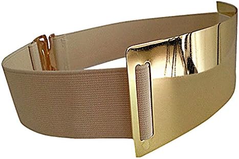Women's Stretchy Black Gold Metallic Plate Front 4.4 cm Wide Waist Belt, NudeGold