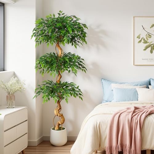 Keeplush - Artificial Ficus Plant, 180cm with White Pot, Real Large Artificial Plants with Curved Trunk and 1860 Leaves Artificial Tree for Indoor Living Room Decor