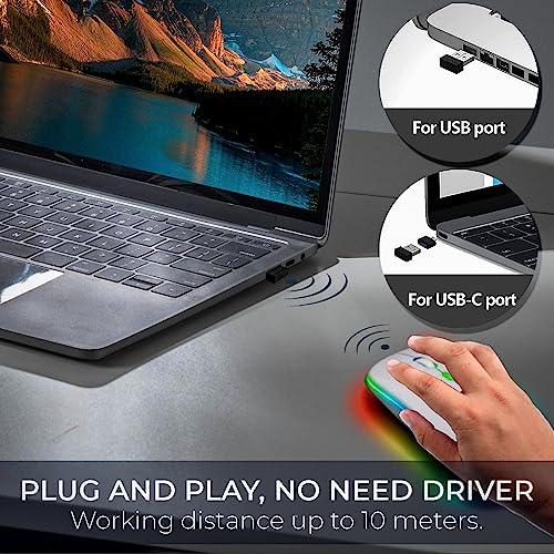Wireless Mouse for Laptop With 2 USB A to USB C Adapter, 2.4GHZ Bluetooth Mouse Rechargeable, US B Mouse 3 Buttons-Laptop Mouse Wireless PC Mous e 800 to 2400 Dpi, Lapto p Mouse Computer Accessories