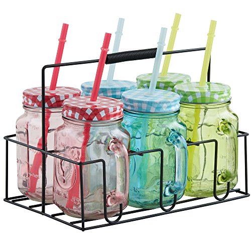 VonShef Set of 6 Colored Mason Glass with Reusable Straws, Lids and Handles