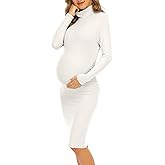 Yeshape Maternity Dresses for Women Winter Long Sleeve Maternity Bodycon Dress for Baby Shower Maternity Photoshoot White