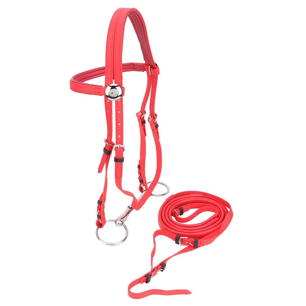 Pssopp Adjustable Red PVC Horse Bridle with Rein, Featuring Horse Headstalls Harness and Removable Stainless Steel Hollow Snaffle Bit