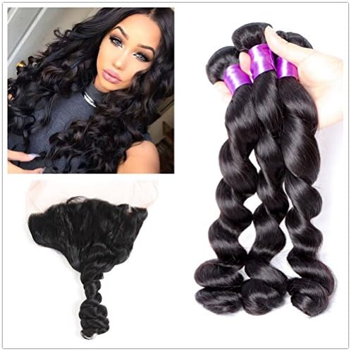 Shengqi Hair Loose Wave Bundles with Frontal Human Hair Extensions Unprocessed Virgin Hair Bundles 10A Grade Hair Extensions Natural Color 18 20 22 +16 Frontal