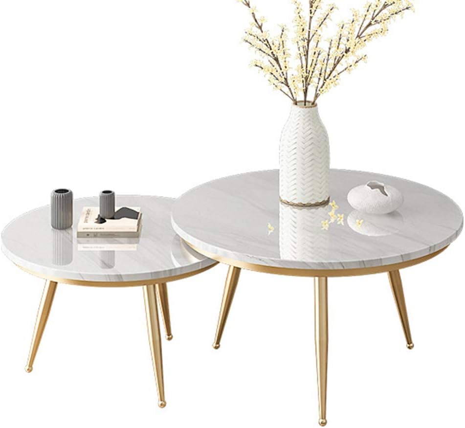 JHBW A Set of Marble Coffee Table, Modern Minimalist Decoration, Golden Iron Frame, Suitable for Living Room, Balcony, Coffee Shop, Dessert House (Round) W: 80 65cm (31.5 25.6in)