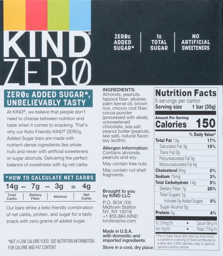 KIND ZERO ADDED SUGAR HEALTHY SNACKS BARS, DARK CHOCOLATE NUTS & SEA SALT, GLUTEN FREE, HIGH FIBER, KETO SNACKS, 5G PROTEIN, 5 COUNT