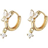 14K Gold Plated Butterfly Crystal Hoop Earrings for Women Cartilage Small Huggie Hoops Solitaire Cubic Zirconia Dangle Drop Earring Fashion Jewelry Gifts Birthday