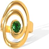 Vintage Green CZ Oval Statement Adjustable Open Rings for Women Stainless Steel Gold Plated Dainty Crystal Swirl Geometric Stackable Finger Band Rings Comfot Fit Fashion Trendy Jewelry
