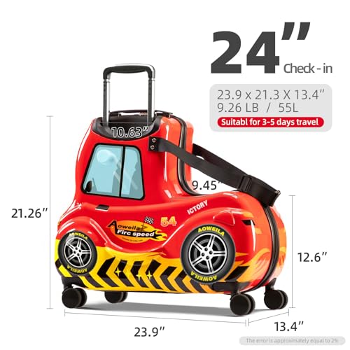 Kids Ride-On Luggage with Wheels Suitcase Fits to Toddler Aged 3-12 Years old （Red Car Checked-Large 25-Inch
