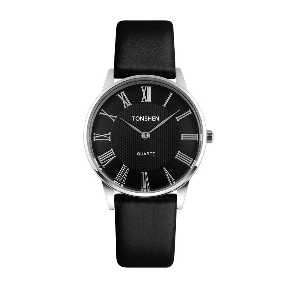TONSHEN Fashion Quartz Analogue Watch for Women Men Ultrathin 7MM Stainless Steel Case Leather Band - Black (Women)
