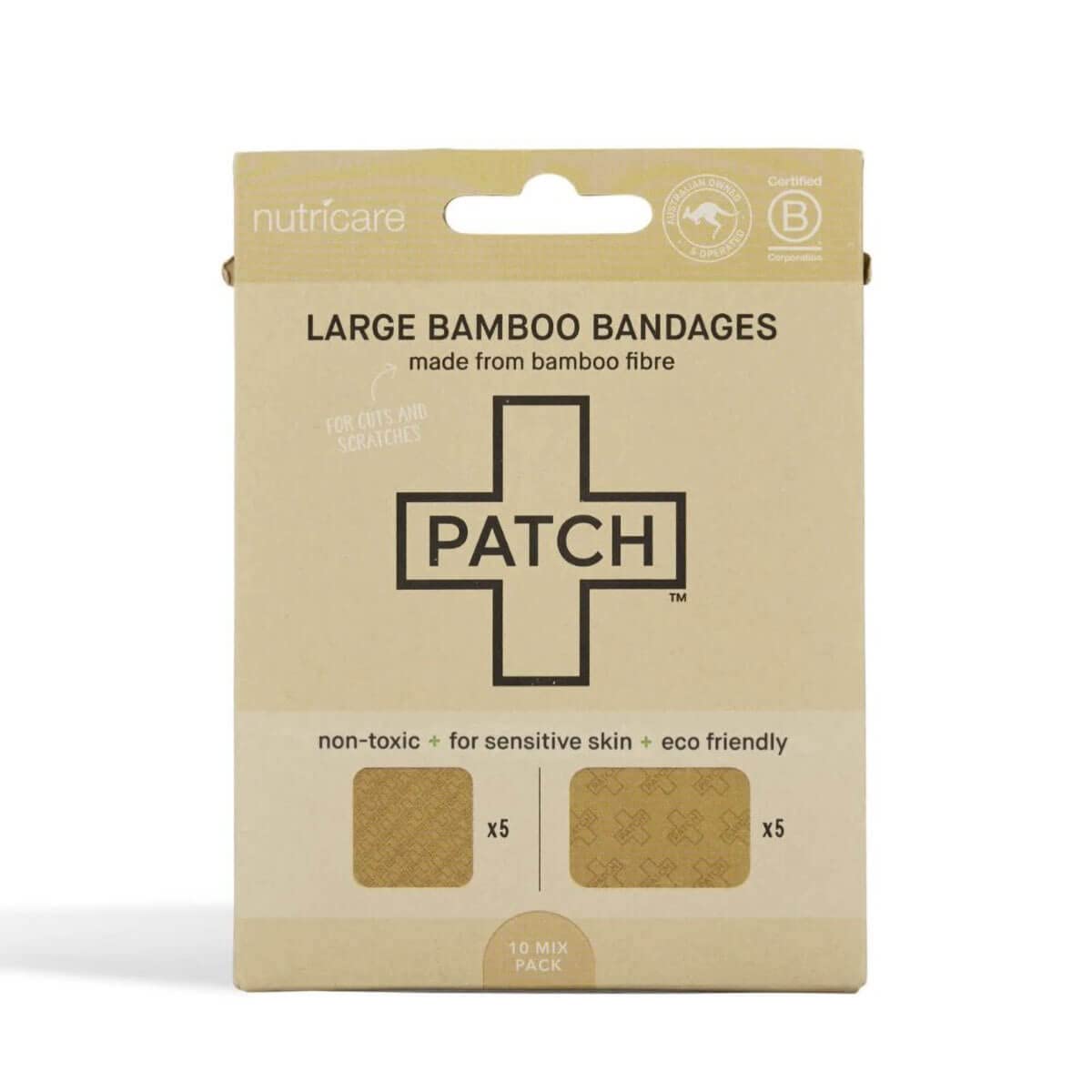 PATCH Large Format Bamboo Plasters for Cuts & Scratches, Hypoallergenic Wound Care for Sensitive Skin - Latex Free, Natural, 10pcs