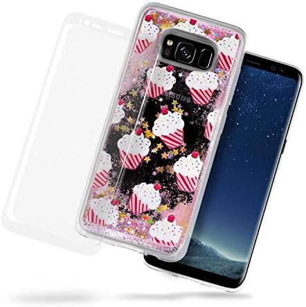 SkylerShield Samsung Galaxy S8 Plus Glitter Liquid Case Cute Cupcakes + (Pink Confetti / Lovely Rose Gold Stars) + 3D Tempered Glass, Moving Bling Floating Dynamic Flowing Case for Galaxy S8 Plus