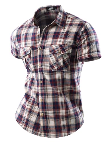 JOGAL MENS WESTERN COWBOY PLAID LINEN SHIRTS CASUAL BUTTON DOWN SHORT SLEEVE LIGHTWEIGHT REGULAR FIT SHIRTS RED MEDIUM