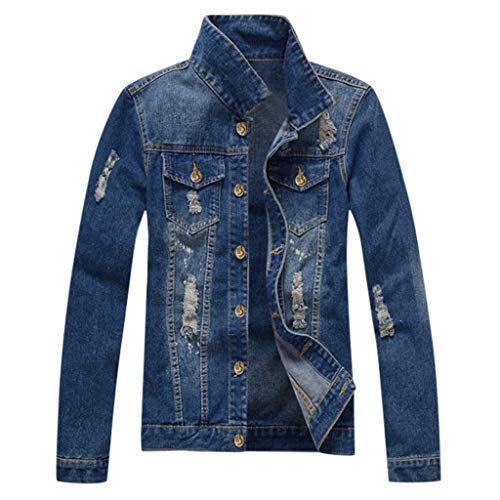iYYVV Mens Autumn Winter Casual Long Sleeve Turn Down Distressed Solid Denim Jacket Coat