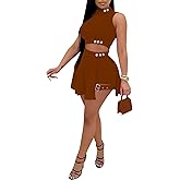 Remxi Women 2 Piece Outfits Jumpsuits Summer Sexy Sleeveless Crop Top Pleated Mini Skirt Biker Shorts Set Sweatsuit