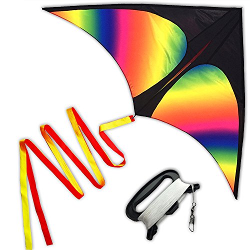 HUGE Rainbow Delta Kites for Kids and Adults-60" Wide with 9.5  Long Tail- Easy Flyer - Kit Line and Swivel Included- Good for Outdoor Games and Summer the beach toys for kids