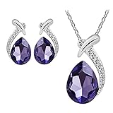 bestpriceam Women Crystal Pendant Silver Plated Chain Necklace Stud Earring Jewelry Set (Purple)