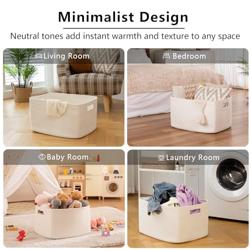 OIAHOMY 75L Large Blanket Basket, Woven Storage Basket with Handle, Cotton Rope Basket 22”x17”x12”,Blanket Basket Living Room, Toy Basket for Nursery, White