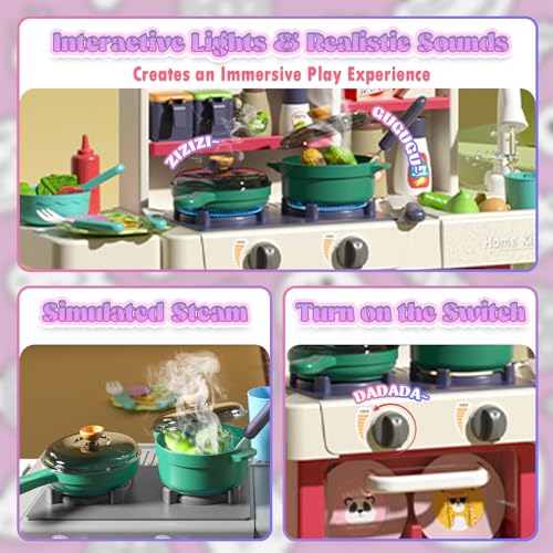 Prikpont Kids Toy Kitchen Playset, 63 Pcs Play Kitchen Set for Kids with Real Interactive Lights & Sounds, Water Sink & Accessories, Pretend Cooking Set Toy, Ideal Birthday Gift for Girls Age 3+
