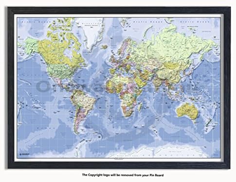 Laminated PostersFramed - World Physical Map - Push Pin Memo Notice Board - Black Driftwood Effect - Matt Finish - Measures 96.5 x 66 cms (38 x 26 Inches - Approx)