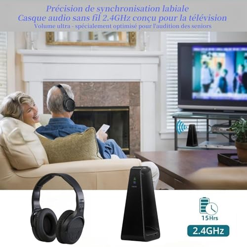Wireless TV Headset for Seniors with Big Buttons, 15 Hours Battery Life & 0 Delay, Charging Station by Transmitter 2.4 GHz, Bluetooth Over-Ear, for Most TV, Optical-Compatible (TOSLINK)/RCA/3.5 mm