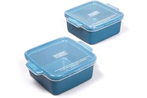 Souper Cubes Stoneware - 5" x 5" Small Square Ceramic Baking Dishes Set with Silicone Covers - Small Casserole Dishes for Oven - Kitchen and Bakeware Essentials - Set of 2 - Blueberry