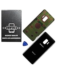 cell4less parte posterior cubierta de vidrio puerta trasera de batería w preinstalado calcomanía de repuesto compatible para Samsung Galaxy S9 OEM todos los modelos G960 todos carriers- 2 Logo Reemplazo de OEM, Negro