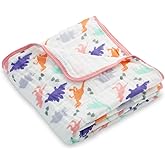 LollyBanks Muslin Baby Quilt 100% Cotton, 6 Layers Soft Baby Blankets for Girls, Large 47 x 47 Inches Versatile Crib Blanket, Cozy Muslin Comforter, Newborn Essentials, Registry (Dinosaur Print)