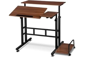 Standing Desk with Wheels & Storage Shelves, Adjustable Height Overbed Table, Portable Laptop/Computer Table, Rolling Stand U