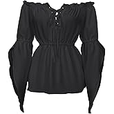 BATHRINS Renaissance Shirt Women Flowy Trumpet Sleeve Peasnat Blouse Off Shoulder Strappy V Neck Pirate Tops