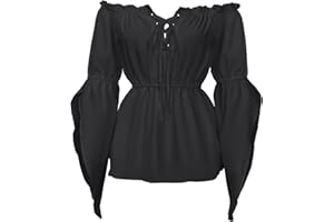 BATHRINS Renaissance Shirt Women Flowy Trumpet Sleeve Peasnat Blouse Off Shoulder Strappy V Neck Pirate Tops