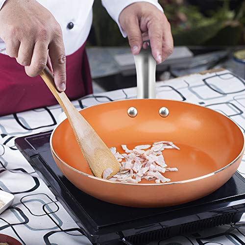 SHINEURI Nonstick Frying Pan Copper Pan with Stainless Steel Handle Round Frying Pan for Broiling Steaming and Braising, Dishwasher Safe PFOA PTFE Free (9.5 inch)