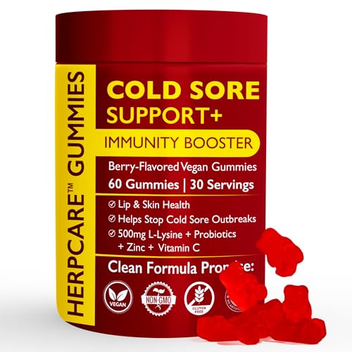 Cold Sore Treatment for Lip & Skin Support with L-Lysine, Zinc, Vitamin C & Probiotics | Vegan Immunity Booster That Helps Prevent Outbreaks & Promotes Faster Healing | 60 Berry Flavored Gummies