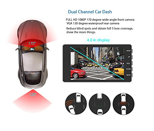 Dash Cam 4” LCD Screen Full HD 1080P 290 Wide Angle Dashboard Dual Camera Front and Rear Car DVR with Night Vision, WDR, G-Sensor, Loop Recording, Parking Monitor, Motion Detection