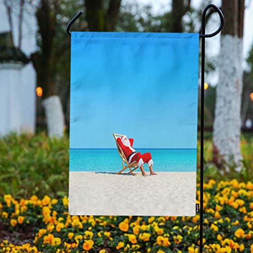 Mugod Santa Claus Garden Flag Christmas Santa Claus Relaxing on Sunlounger at Ocean Sandy Tropical Beach Decorative Spring Summer Outdoor House Flag for Garden Yard Lawn 12 x 18 Inch
