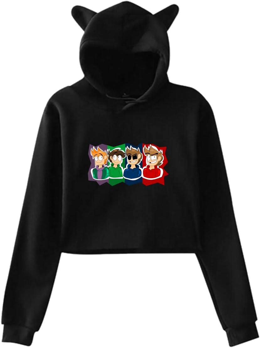 Cute Cat Ear Edds-World Women Girl Hoodies Long Sleeve Printed Pullover Sweatshirt Black