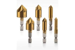 6 Pieces Countersink Drill Bit Set 1/4 Inch Hex Shank 5 Flute 82 Degree Chamfering Drill Bits Titanium Coated Center Counters
