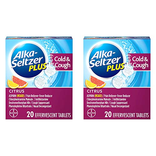 ALKA-SELTZER PLUS Cold & Cough Medicine, Citrus Effervescent Tablets with Pain Reliever/Fever Reducer, Citrus, 20 Count - 2 Pack