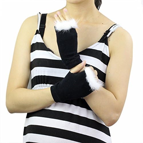 Women's Fingerless Glove Hand Warmer with Rabbit Fur Trimmed (White)