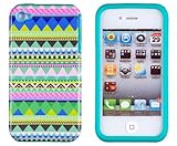 DandyCase 2in1 Hybrid High Impact Hard Mint Green & Pink Aztec Tribal Pattern + Teal Silicone Case Cover For Apple iPhone 4S & iPhone 4 + DandyCase Screen Cleaner