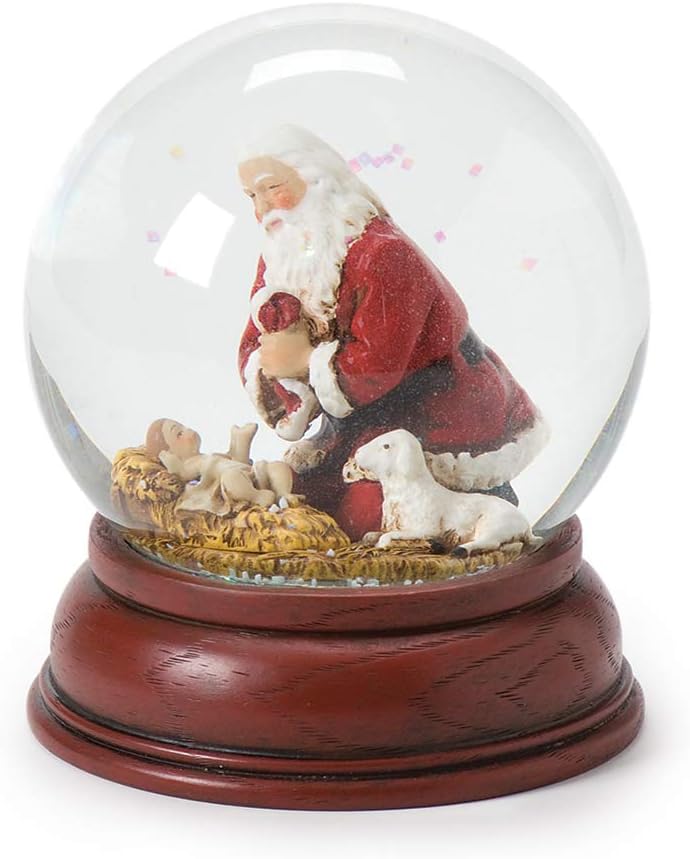 Snow Globes - Joseph's Studio by Roman - Traditional Santa with Baby Jesus and Lamb Glitterdome, The Kneeling Santa Collection, 100mm, 4.75