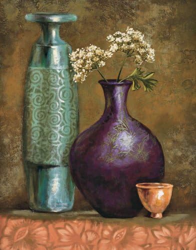Persian Gardens I Gorgeous Intricate Purple and Teal Vases with Flowers; One 11X14 Poster Print
