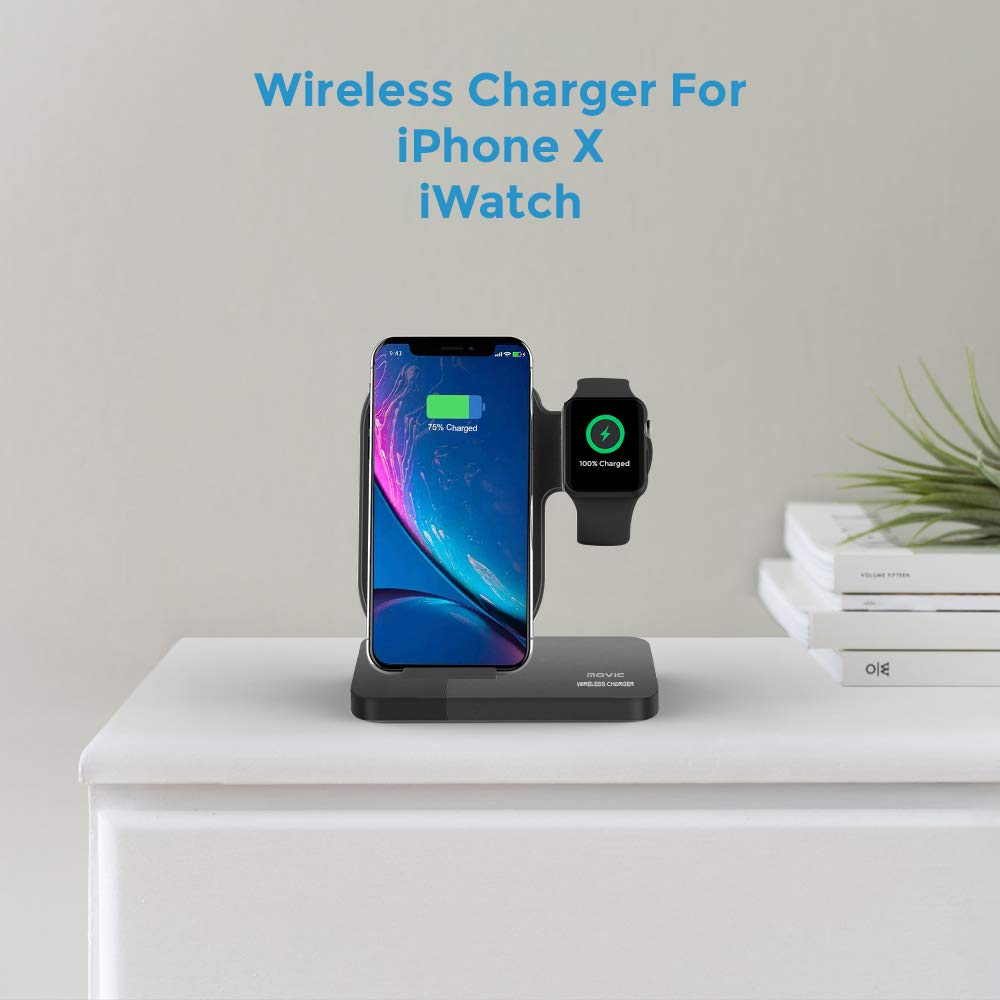 Movic 2 in 1 Qi Wireless Fast Charging Station (QC 3.0 Adaptor Included) Pad Dock for Apple Watch Series 1/2/3/4 iPhone 8/X/XS/XR, Samsung Galaxy and All Qi Enabled Devices MFi-Certified - (Black)