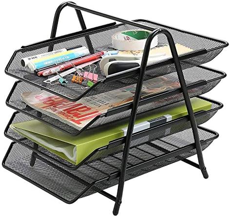 Hemico Black Metal Mesh 4 Trays Desktop Organizer/Rack Storage for Home Accessories Documents/Letters/Files/Magazine/Newspaper Holder