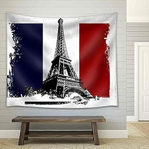Illustration Eiffel Tower Over France Flag with Grunge Effect - Fabric Wall Tapestry Home Decor - 51x60 inches