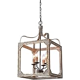 LOVEDIMA French Country Chandelier 4-Light Lantern Pendant Lighting Square Wood Metal Chandeliers Hanging Light Ceiling Light