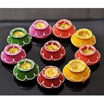 Gen Small Multicolour Smokeless Decorated Little Clay Pot Wax Filled Diyas Candles for Home Decor Diwali Decoration,Spa,Birthdays Party,Festivals (Pack of 20)