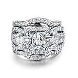 Zealmer Rhodium Plated Princess Cut Synthetic Diamond Halo Cubic Zirconia CZ Infinity Wedding Bridal Ring Set 8