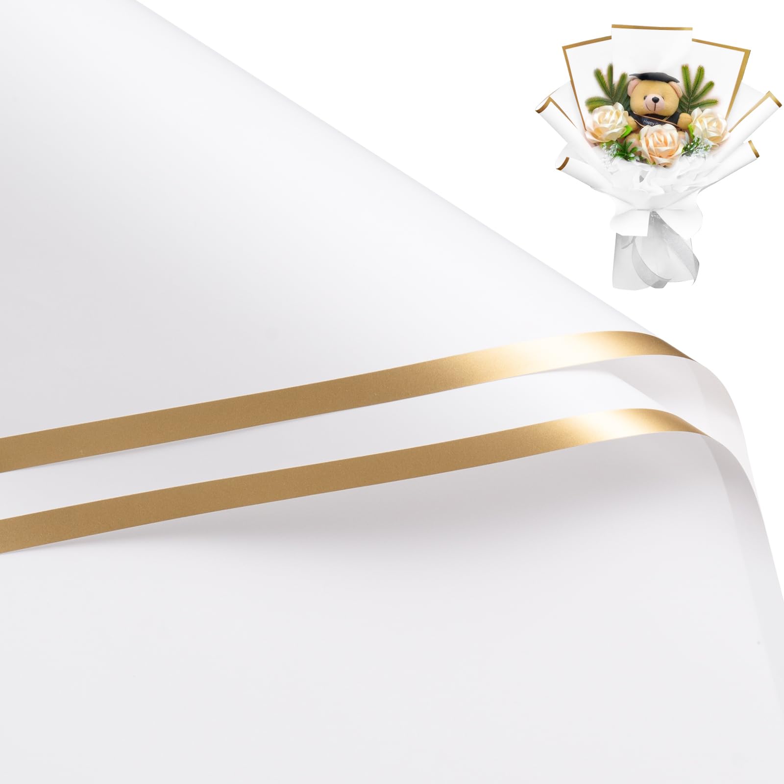 Photo 1 of WRAPAHOLIC 20 Sheets Flower Wrapping Paper - 22.4 x 22.4 inch White with Gold Edge Water-Resistant Floral Bouquet Wrapping Paper, Florist Supplies Packaging Paper for Wedding Birthday Gift DIY